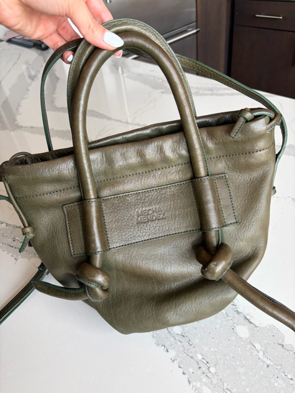 Mecha Mendez Olive Leather Knot-Detail Women’s Tote